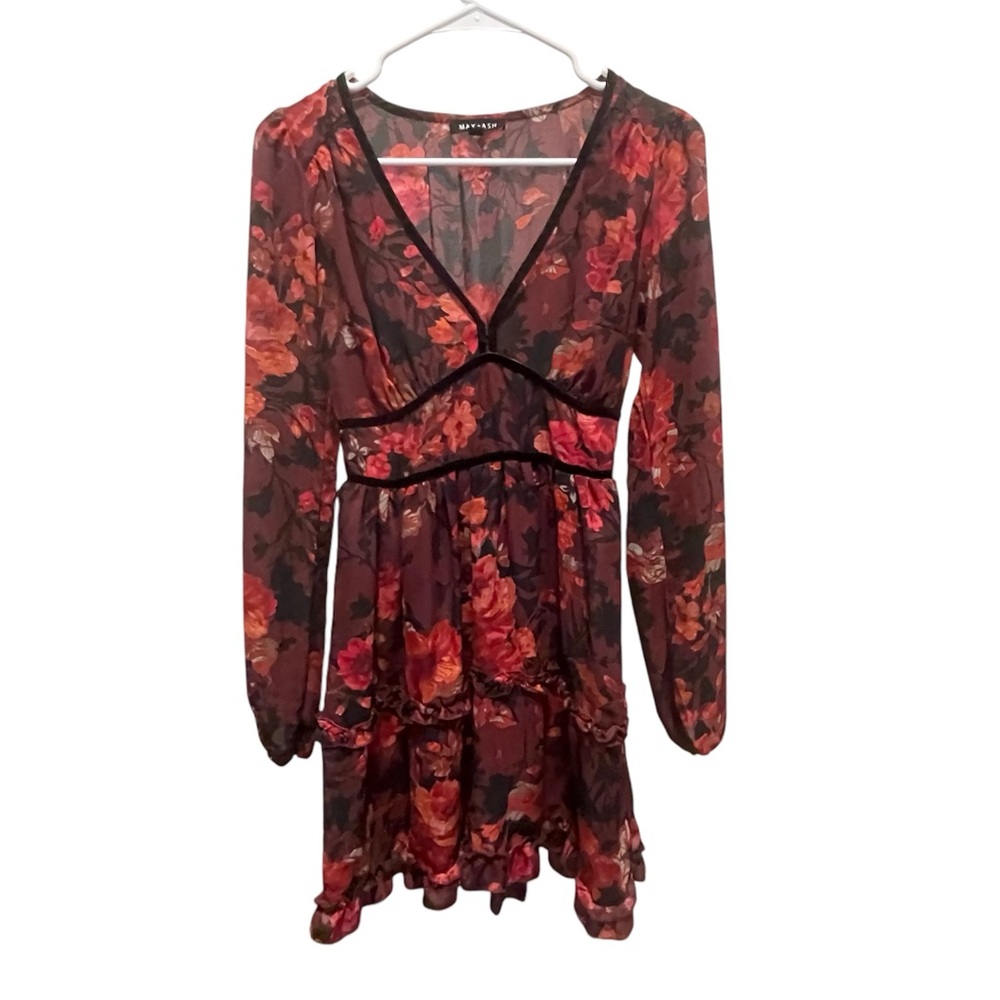 Max + Ash Floral Mini Dress Semi Sheer Small VNeck Black/Red Floral Long…